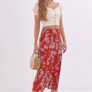 Free People Red and Pink Floral Midi Skirt Button Detail Side Slit Size 8